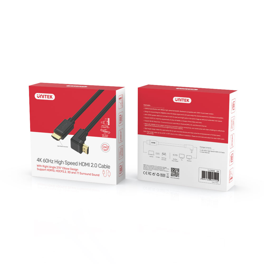 UNITEK 3M 4K 60HZ HDMI2.0 RIGHT ANGLE 270 DEGREE CABLE (Y-C1009) - Image 2