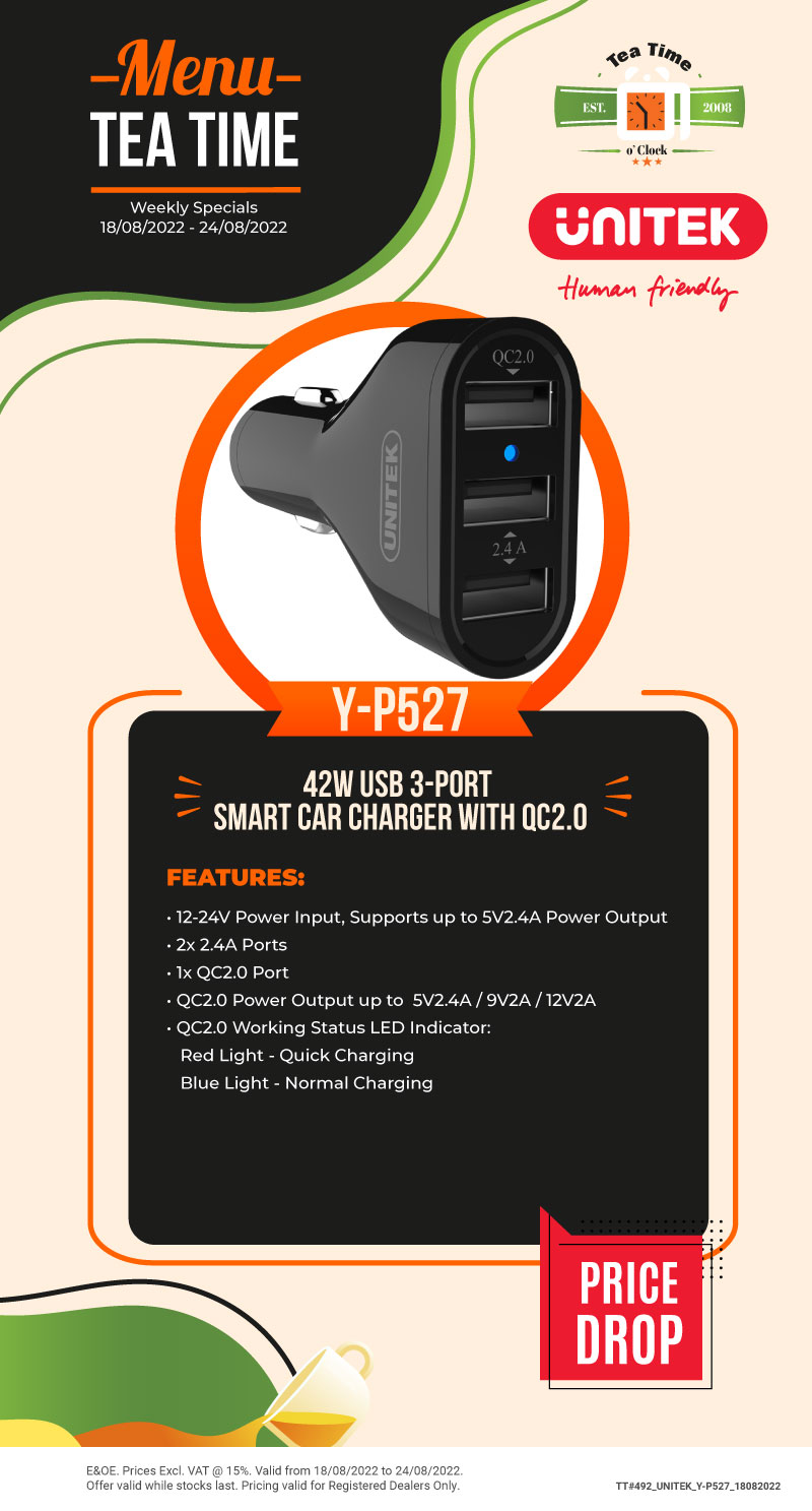 [TEA TIME O’CLOCK #492] UNITEK – 42W USB 3-Port Smart Car Charger  ⚡☕