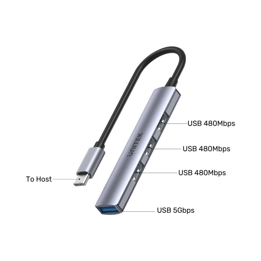 UNITEK H1208B | 4-PORT USB TYPE-C HUB (3X PORTS 480MBPS, 1X PORT 5GBPS) - Image 4