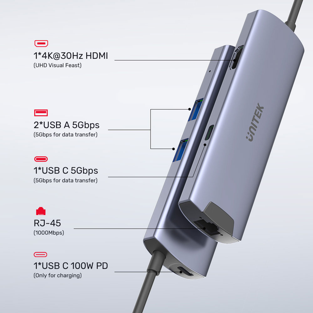 UNITEK H1112F | TYPE-C 6-IN-1 PORT REPLICATOR WITH 100W PD CHARGING - Image 4