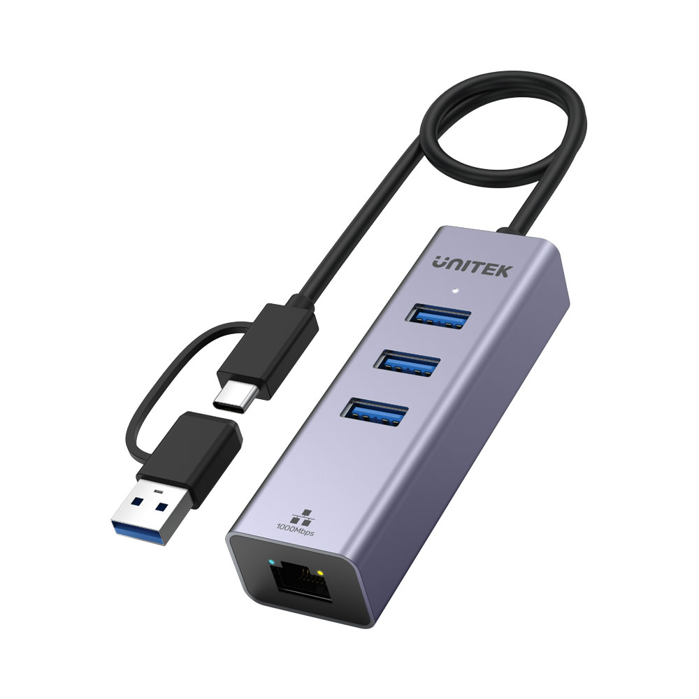 UNITEK Y-3088B | 3-PORT USB3.0 HUB WITH GIGABIT ETHERNET AND TYPE-C TO TYPE-A ADAPTER