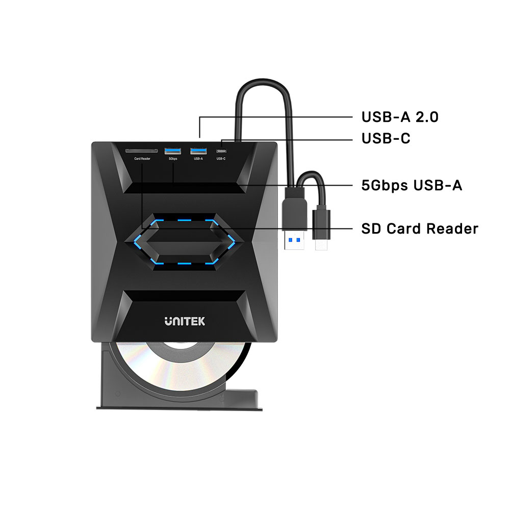 UNITEK T1037A | USB TYPE-A/C EXTERNAL OPTICAL DRIVE WITH USB HUB - Image 2