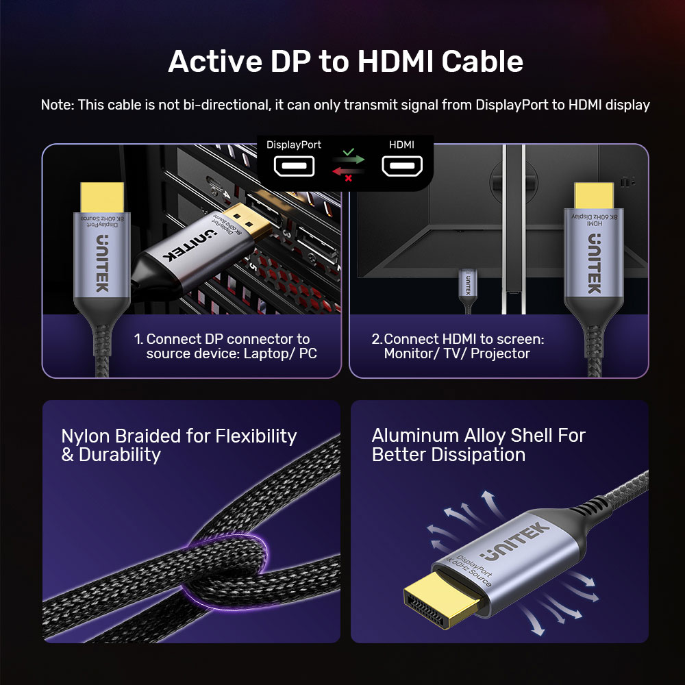 UNITEK V1610A01 | 1.8M DISPLAYPORT 1.4 TO HDMI 8K @60HZ CABLE - Image 4
