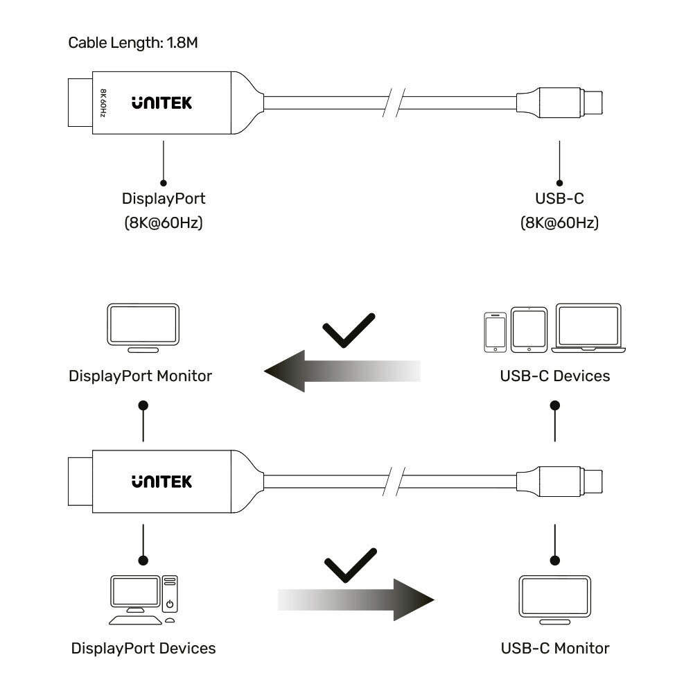 UNITEK V1423D | 1.8M USB TYPE-C TO 8K @60HZ DISPLAYPORT BI-DIRECTIONAL CABLE - Image 3