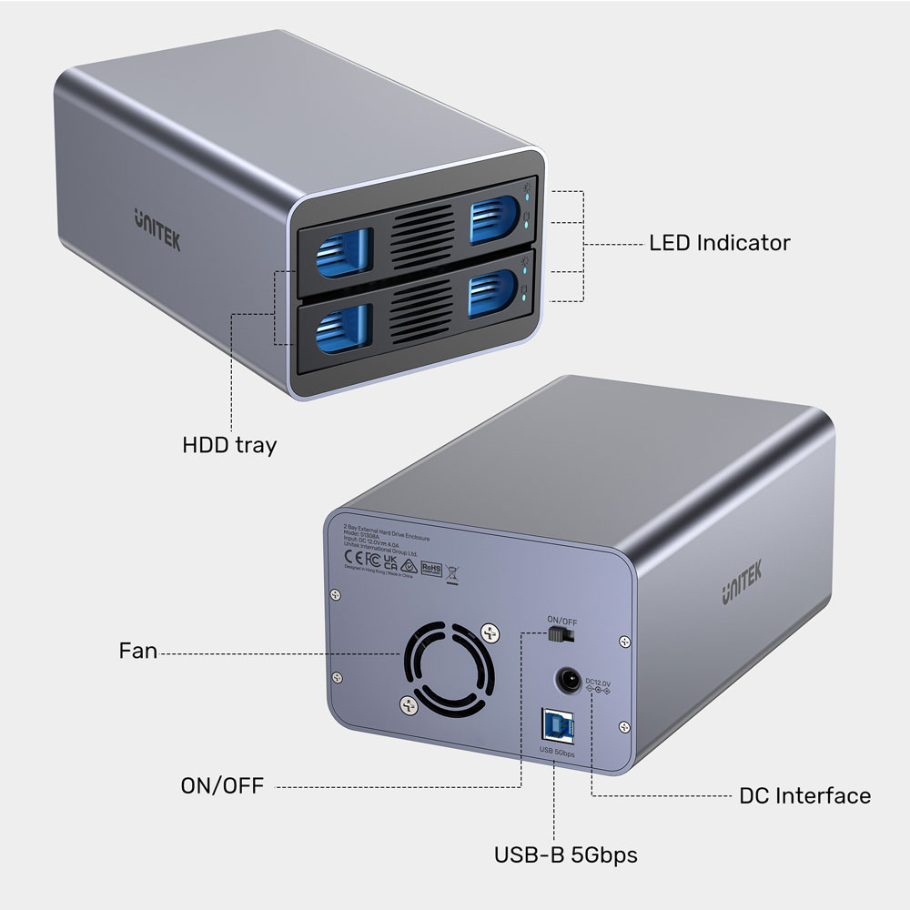 UNITEK S1308A | 2-BAY USB3.0 3.5 INCH HARD DRIVE ENCLOSURE - Image 4