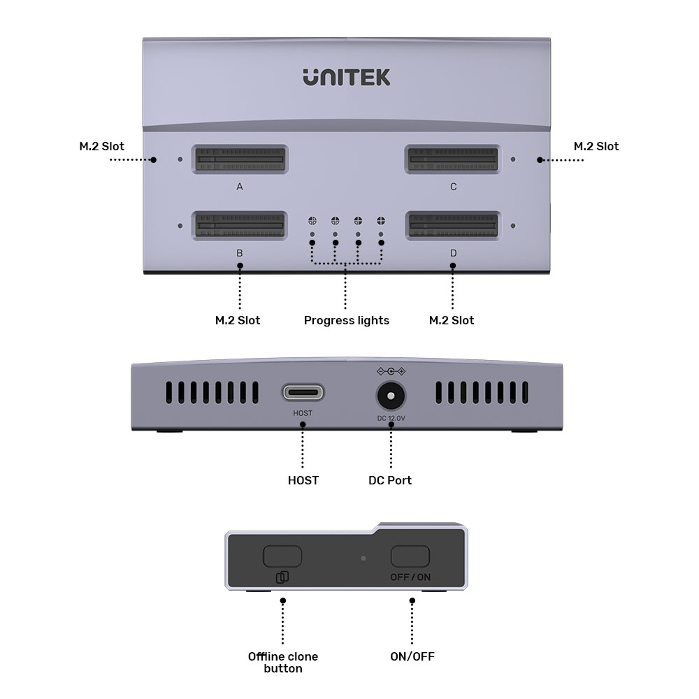 UNITEK S1243B | USB4.0 TYPE-C 4-BAY M.2 SSD DOCKING STATION WITH 1:3 OFFLINE CLONING FUNCTION - Image 7