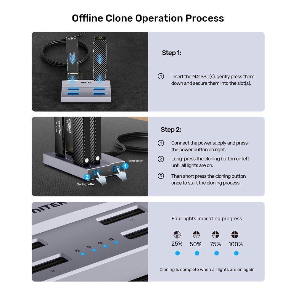 UNITEK S1243B | USB4.0 TYPE-C 4-BAY M.2 SSD DOCKING STATION WITH 1:3 OFFLINE CLONING FUNCTION - Image 8