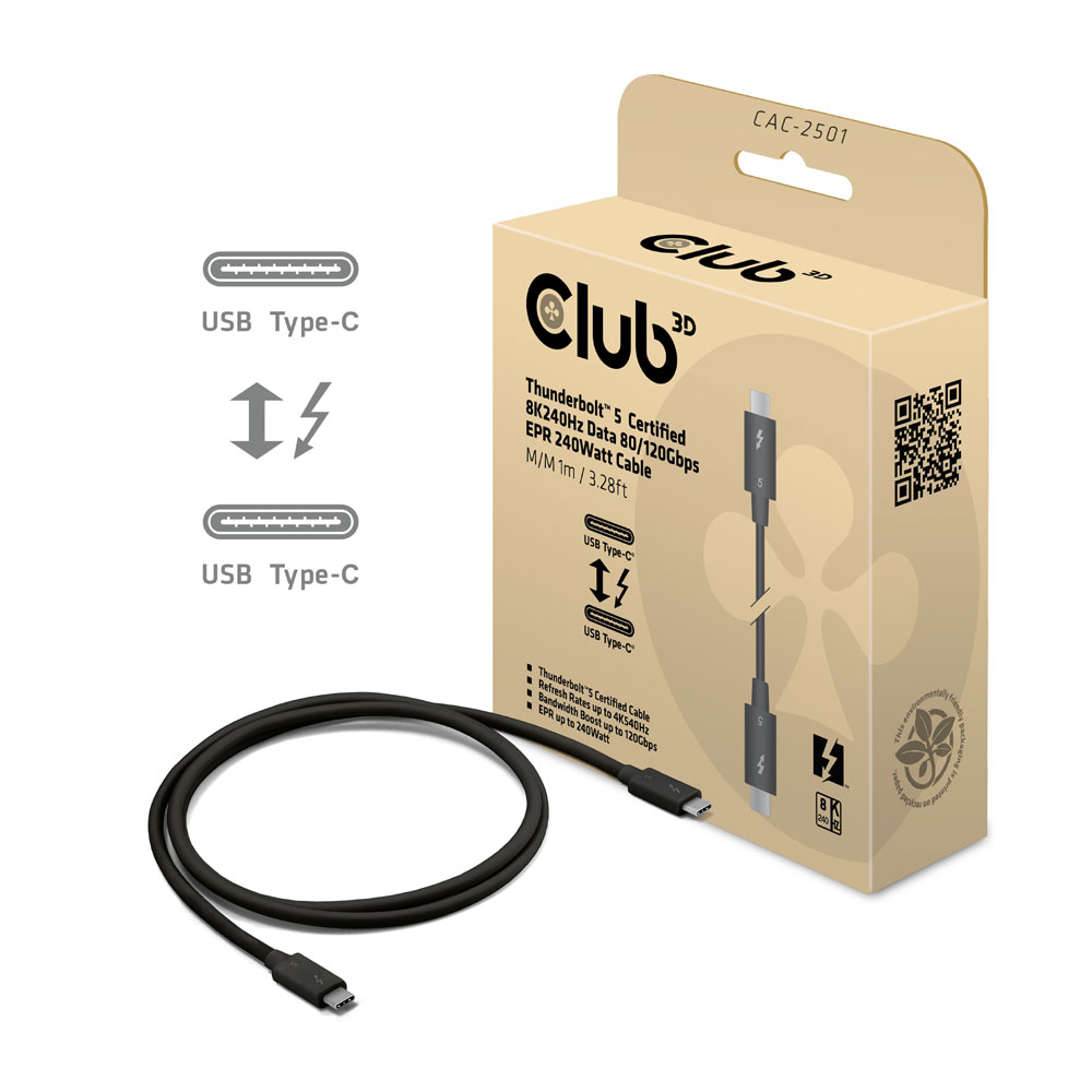 CLUB3D CAC-2501 | 1M 8K @640HZ THUNDERBOLT 5 CERTIFIED 80/120GBPS EPR 240W CABLE - Image 3