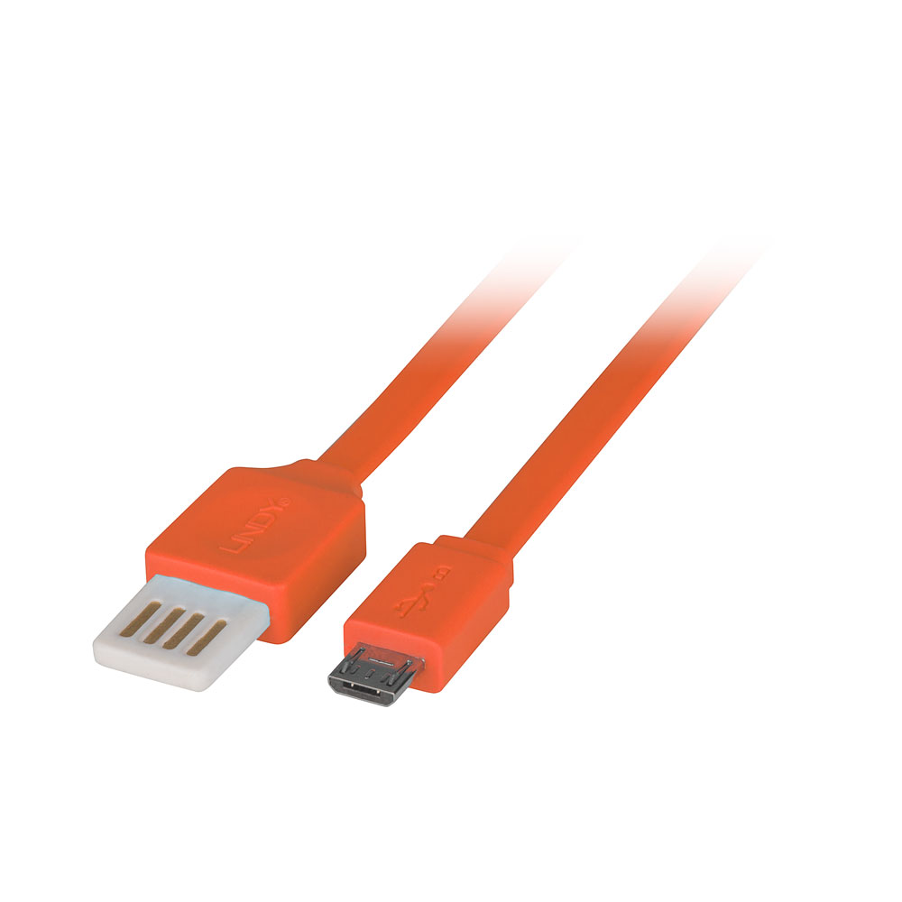 LINDY 30897 | 2M USB2.0 FLAT REVERSIBLE TYPE-A TO MICRO-B ORANGE CABLE