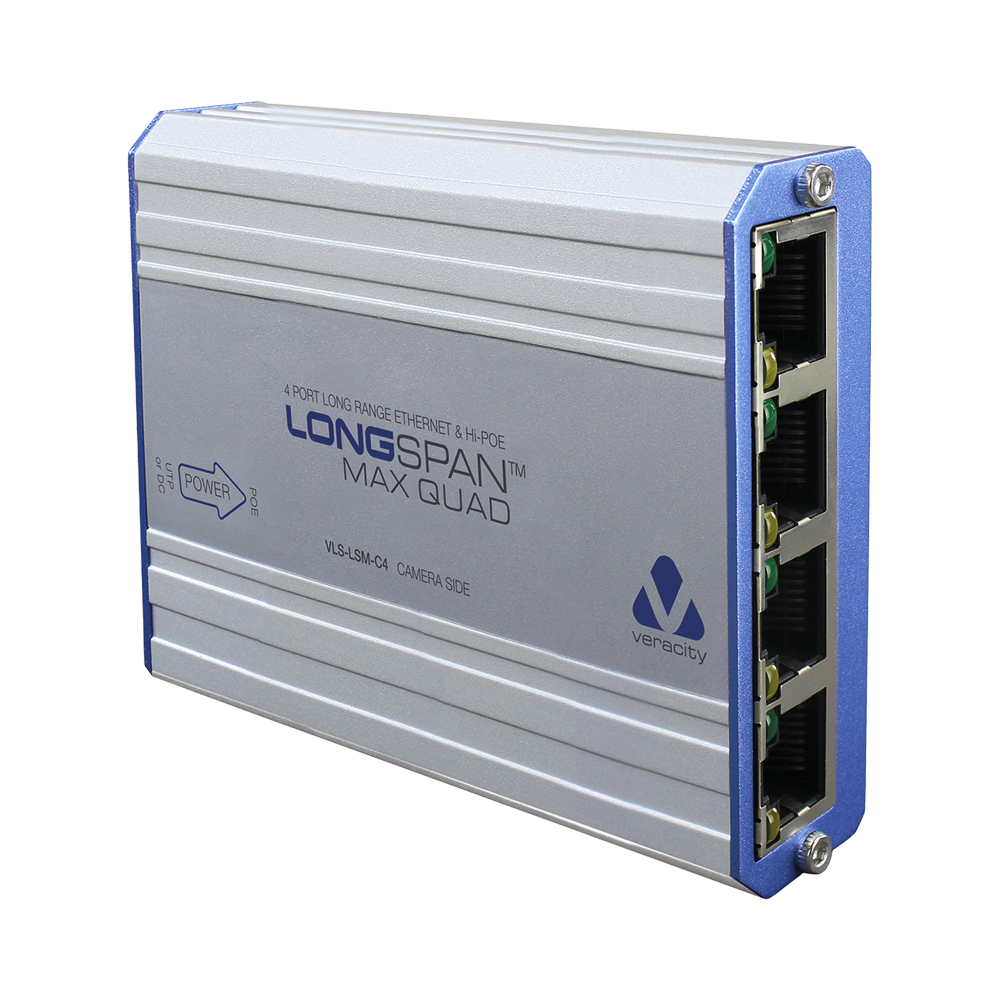 VERACITY VLS-LSM-C4 | LONGSPAN MAX QUAD - 4-PORT CAMERA ADAPTER FOR LONG-RANGE ETHERNET AND HIGH-POWER POE